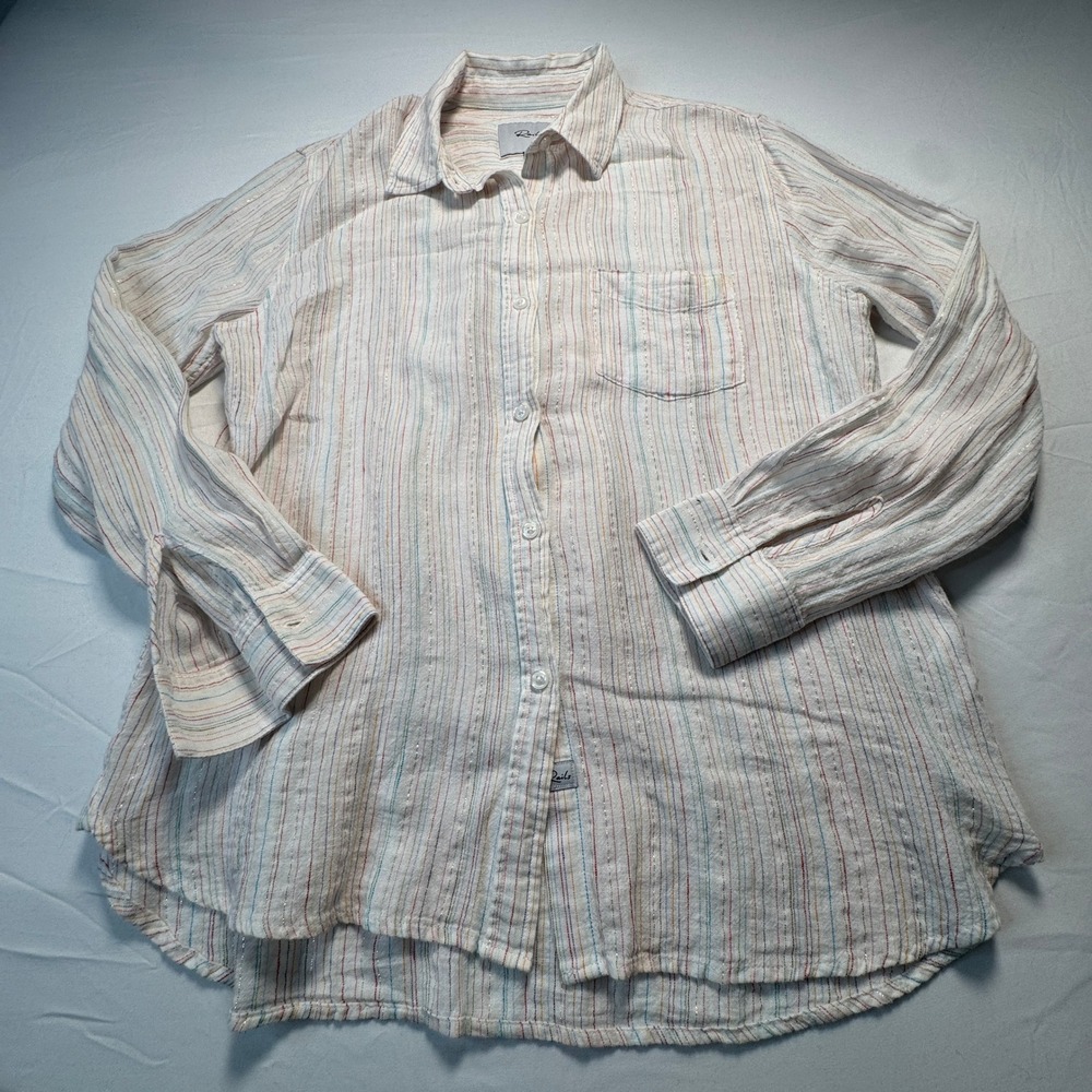 Rails Linen Blend Button Down Shirt White Metallic Charli Oahu Stripe Small